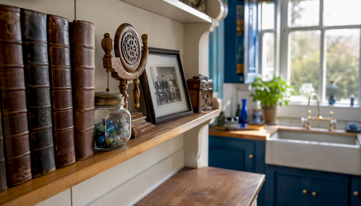 Family heirlooms and memorabilia on shelf