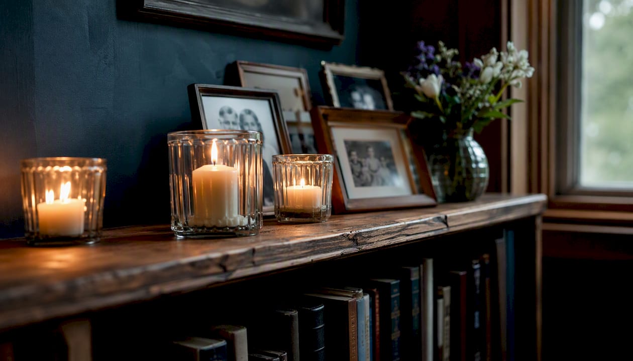 Memorial candles and photos in Scottish home