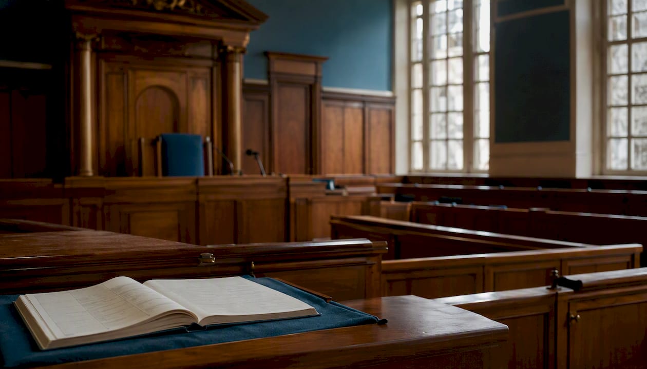 Empty courtroom bench with expenses ledger