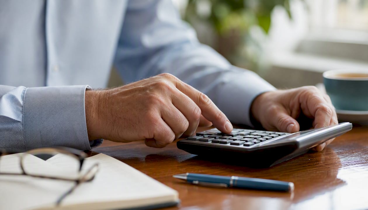 Hands using calculator at legal desk