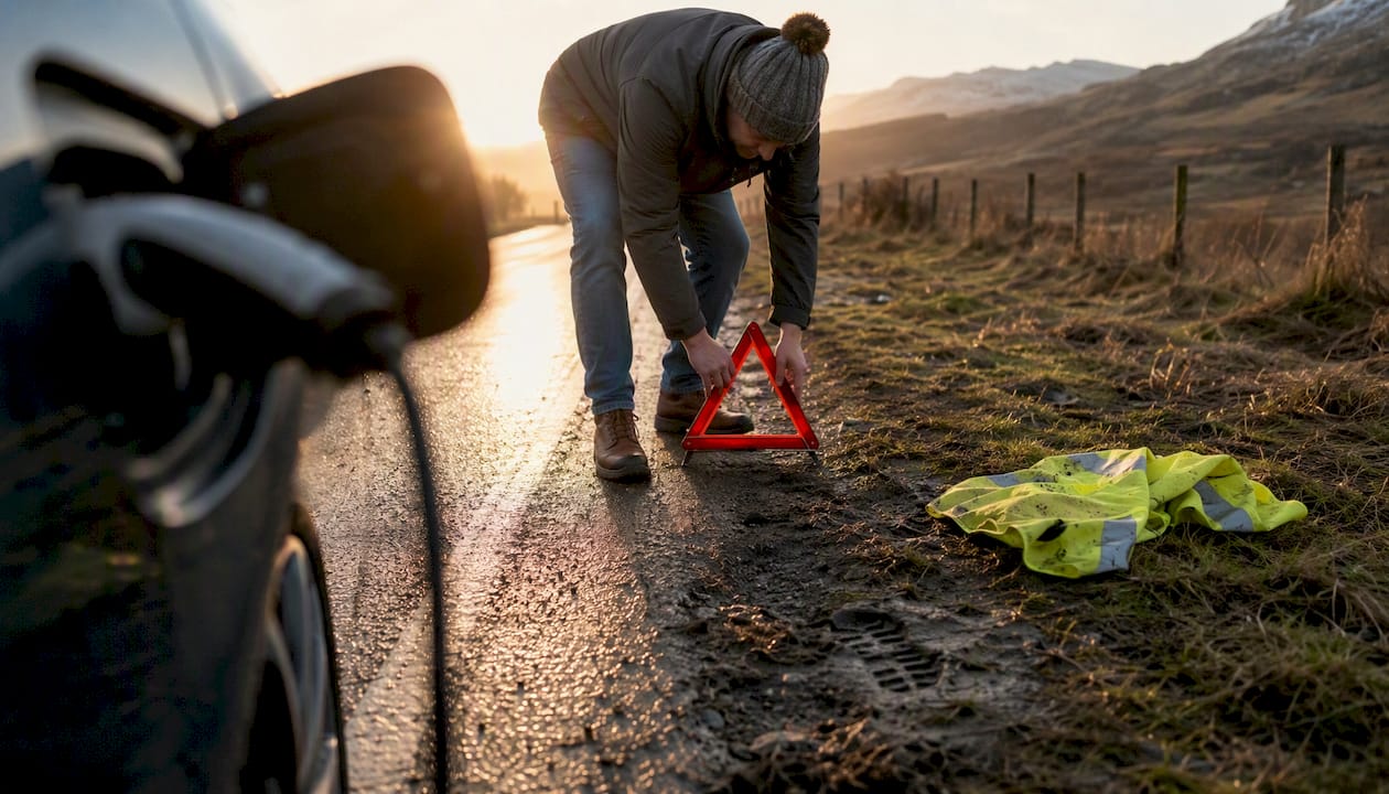 Person placing warning triangle on roadside