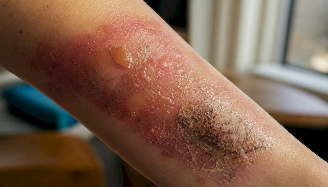 Close-up of varying burn severities on skin