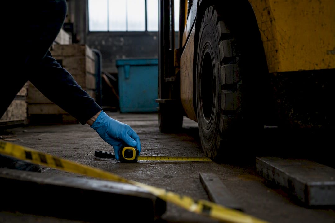 Measuring near forklift tire at accident site