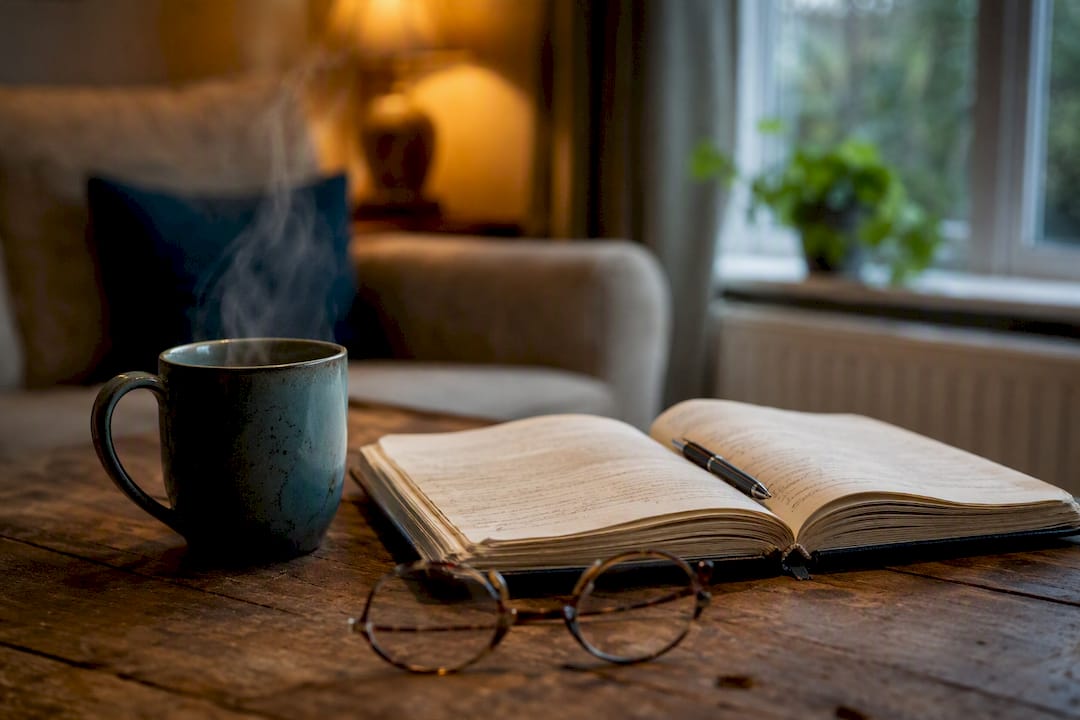 Open diary by tea cup on table