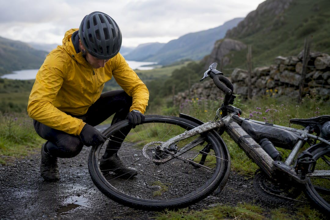 Cyclist inspecting damaged bicycle after accident