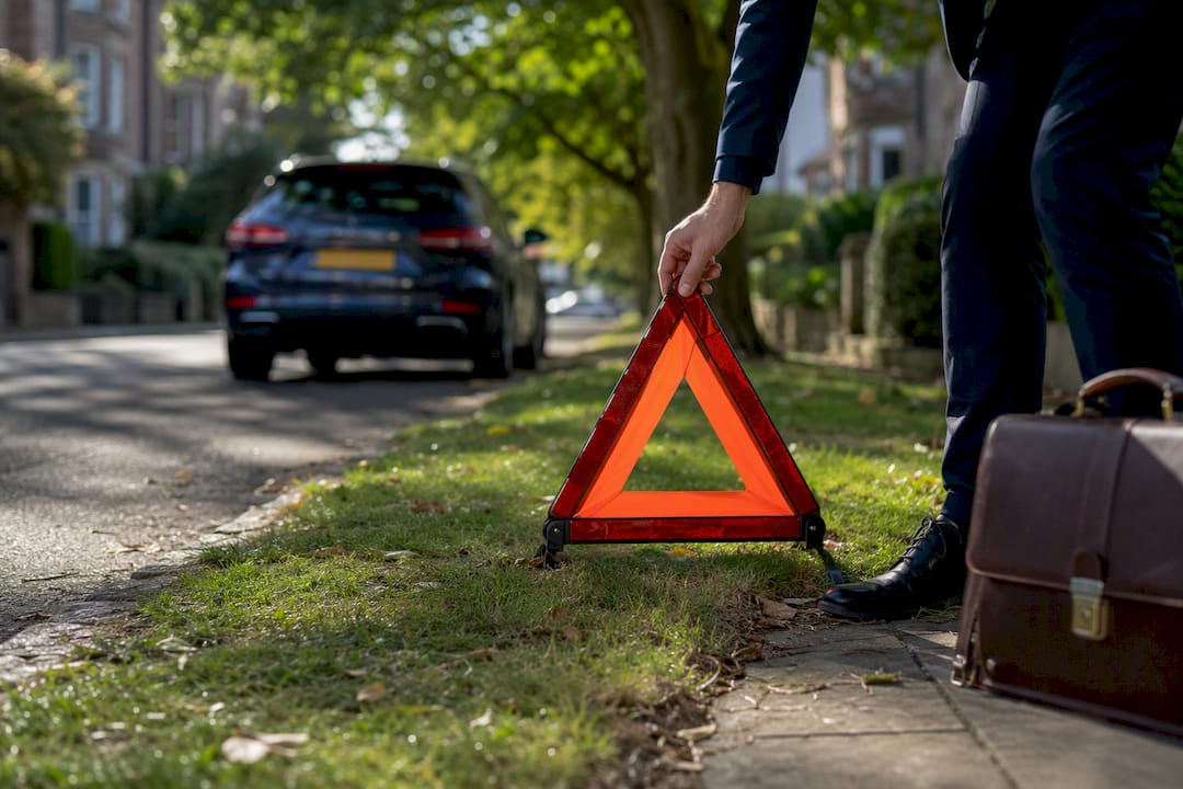 Hand placing warning triangle on Glasgow street