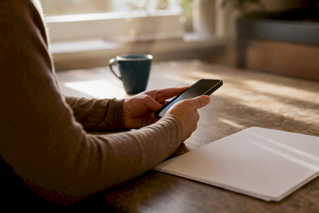 Hands holding phone over claim brochure on table