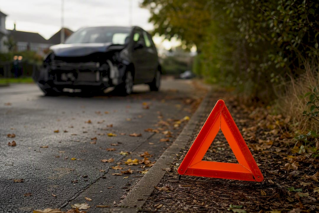 Warning triangle on Scottish road after accident