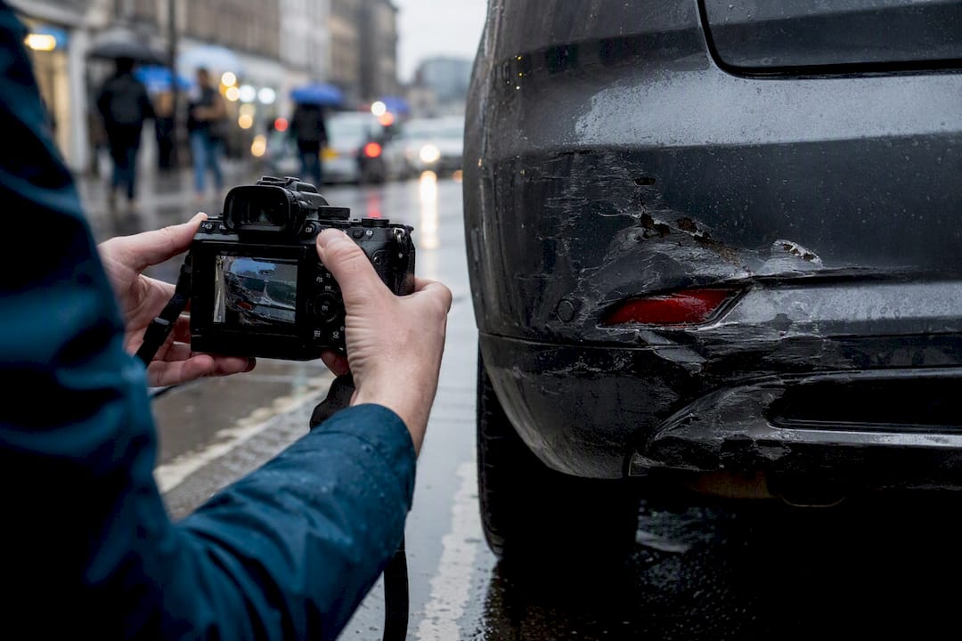 Hands photographing vehicle damage at accident scene