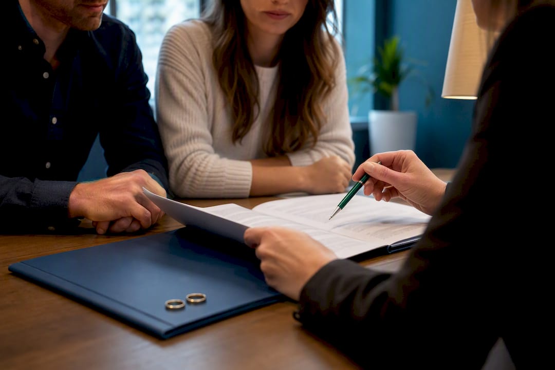 Couple reviewing prenup with independent solicitor