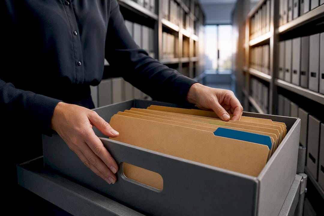 Medical record folders being organised for review