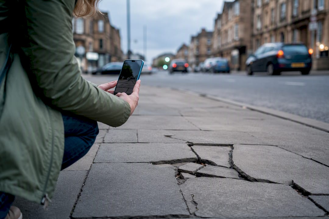Claimant photographing uneven Glasgow pavement