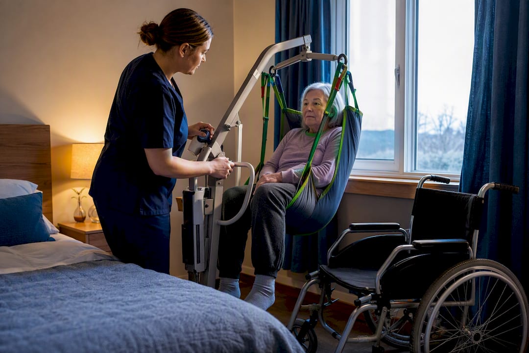 Care worker using hoist for resident transfer