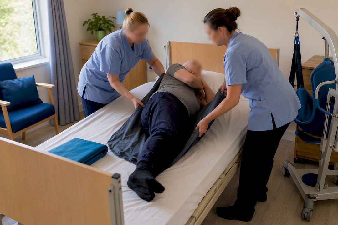Care workers using slide sheet for transfer