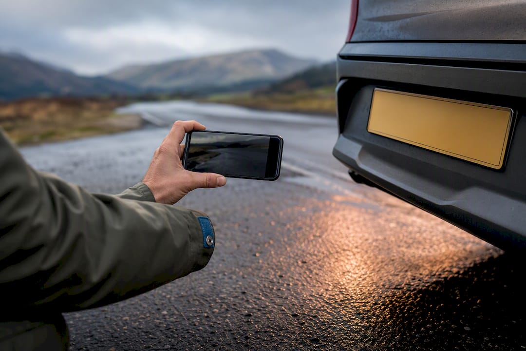 Claimant photographing foreign vehicle registration