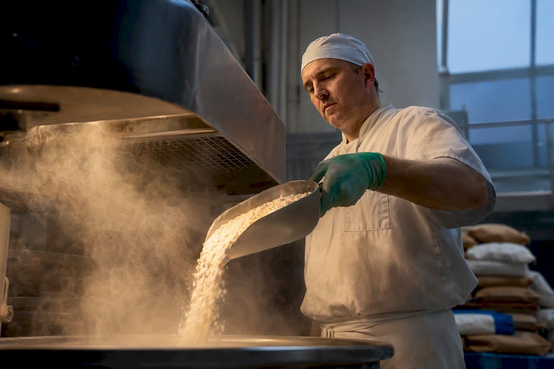 Bakery worker beside contained flour dust