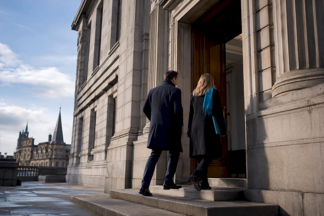 Claimant and solicitor approaching Scottish court
