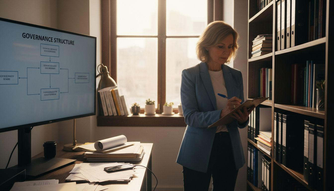 Manager outlining data governance framework in office