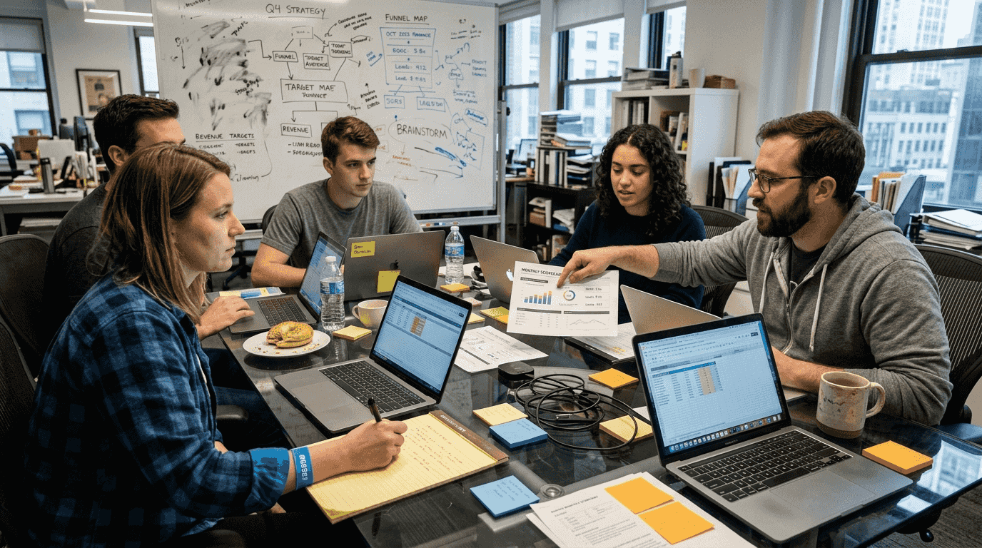 Marketing team discussing advanced metrics data