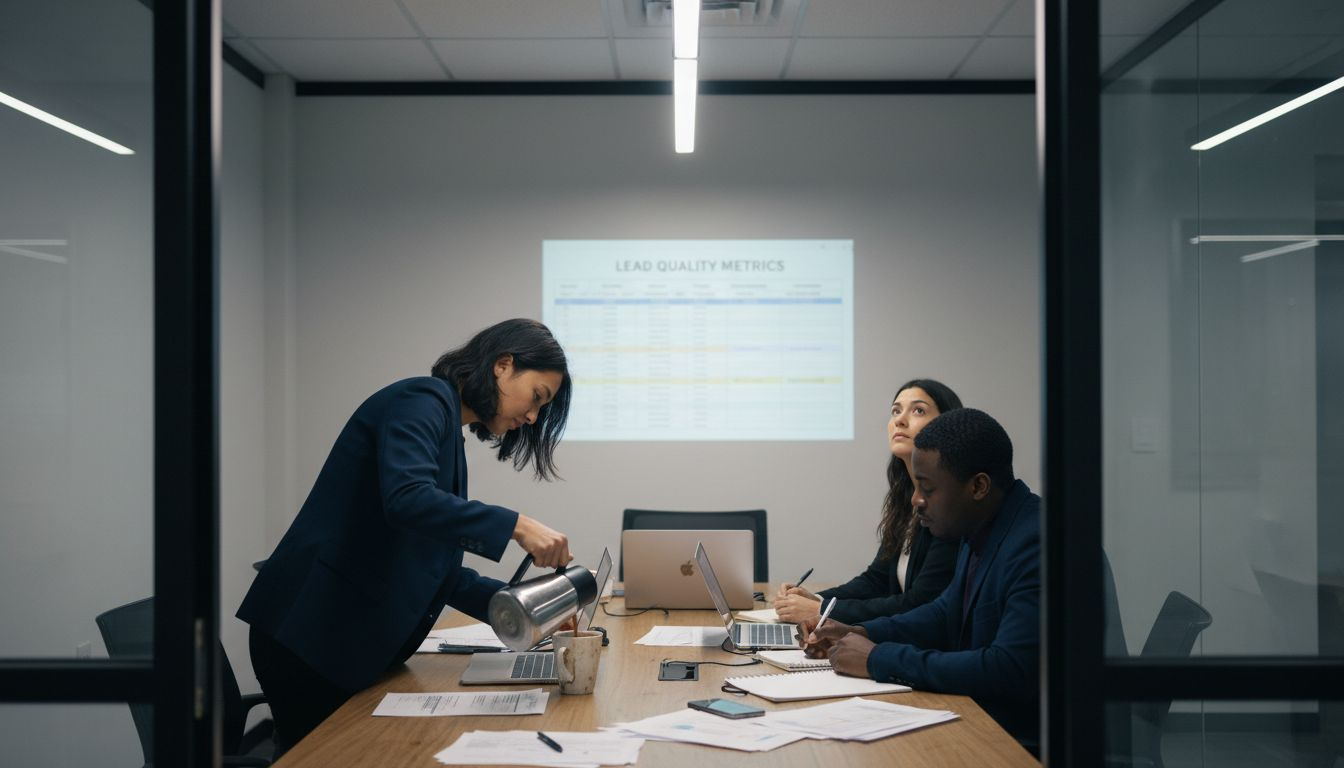 Team meeting with spreadsheets and coffee mugs