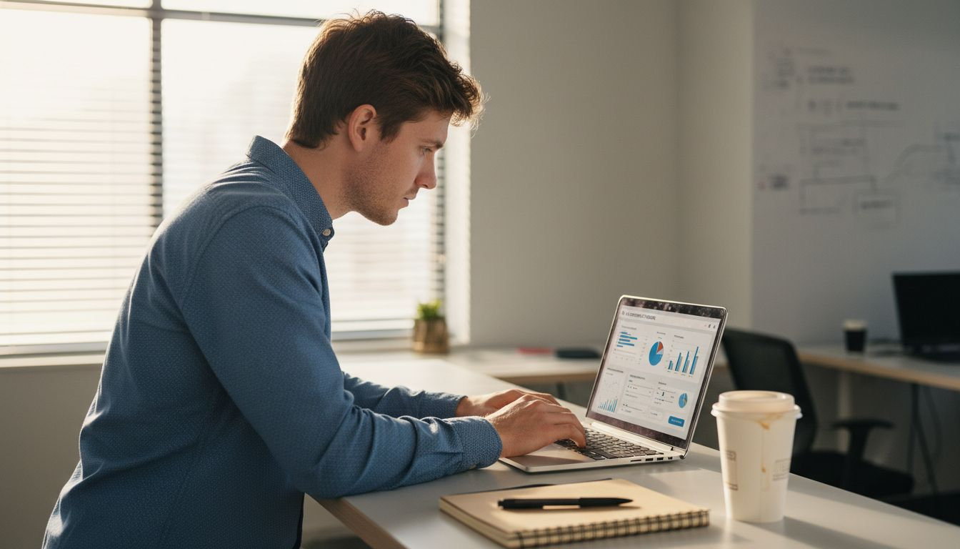 Marketer uses AI dashboard at laptop in office