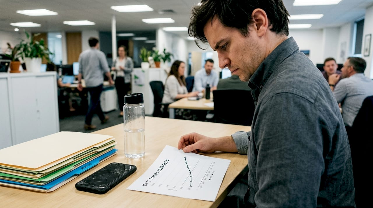 Marketer reviewing customer acquisition cost report