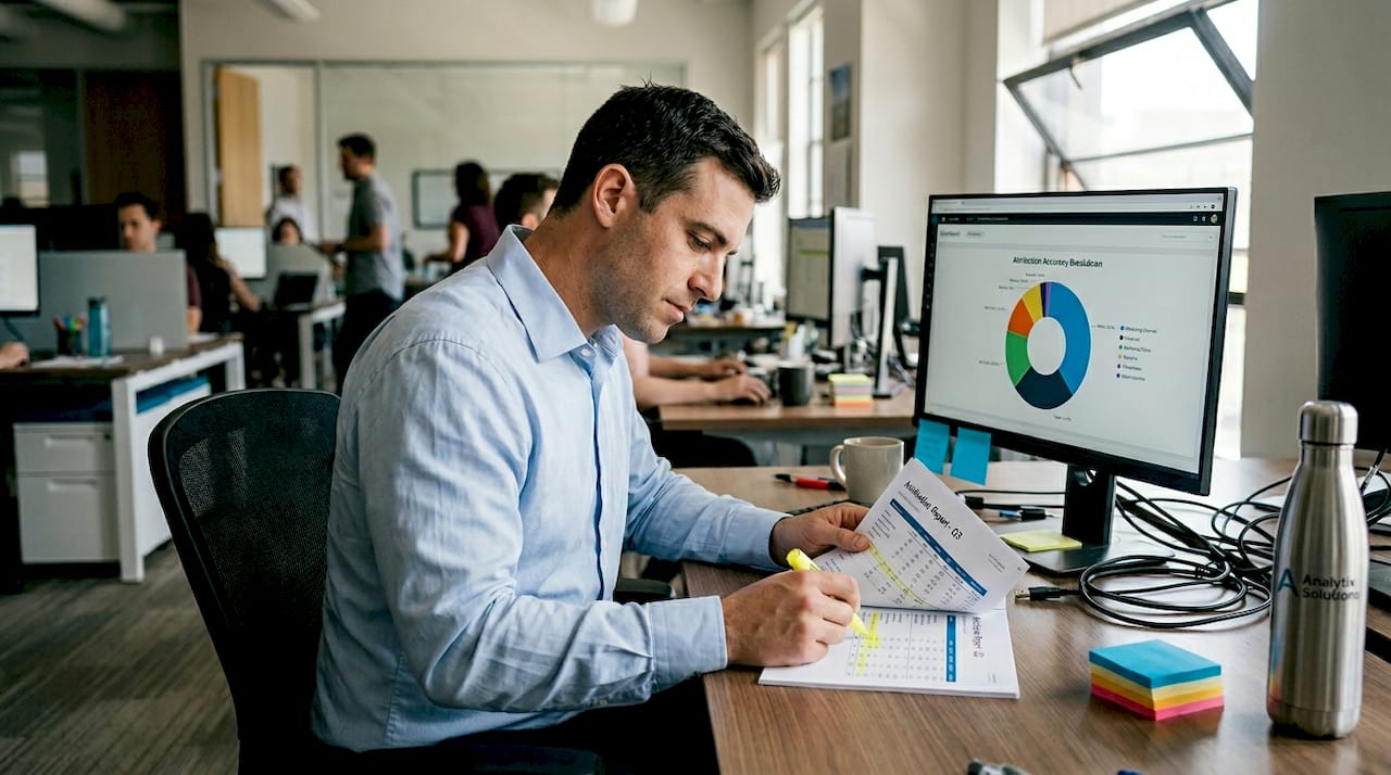 Marketer reviews printed attribution analysis at desk