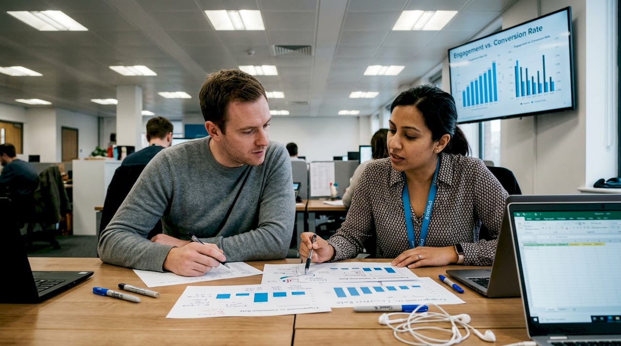 Colleagues discuss marketing metrics at shared office desk