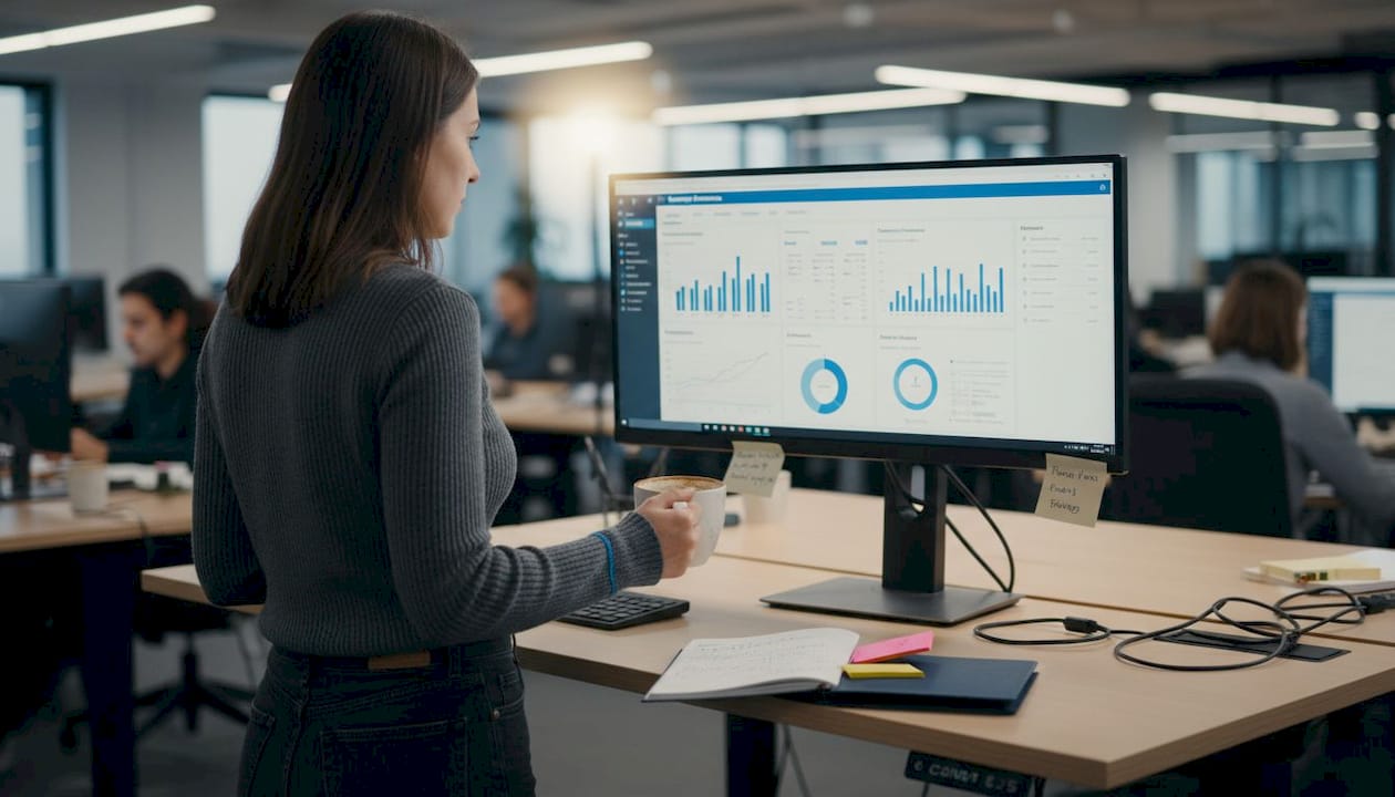 Marketer reviews automation metrics on monitor