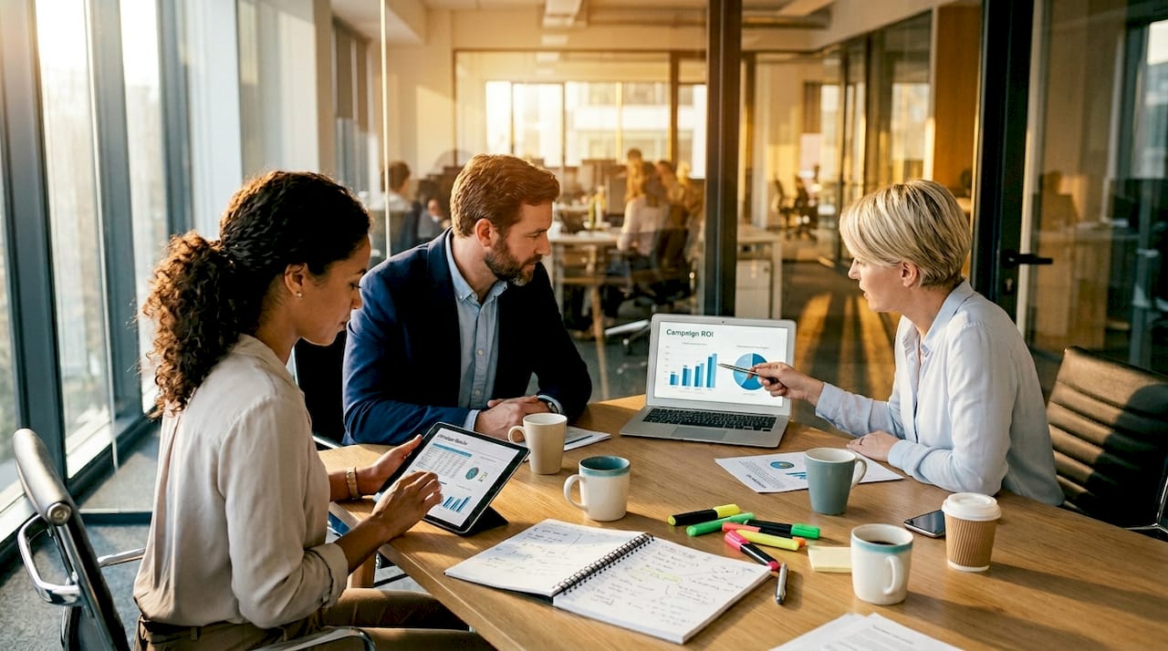 Team reviews marketing campaign ROI data