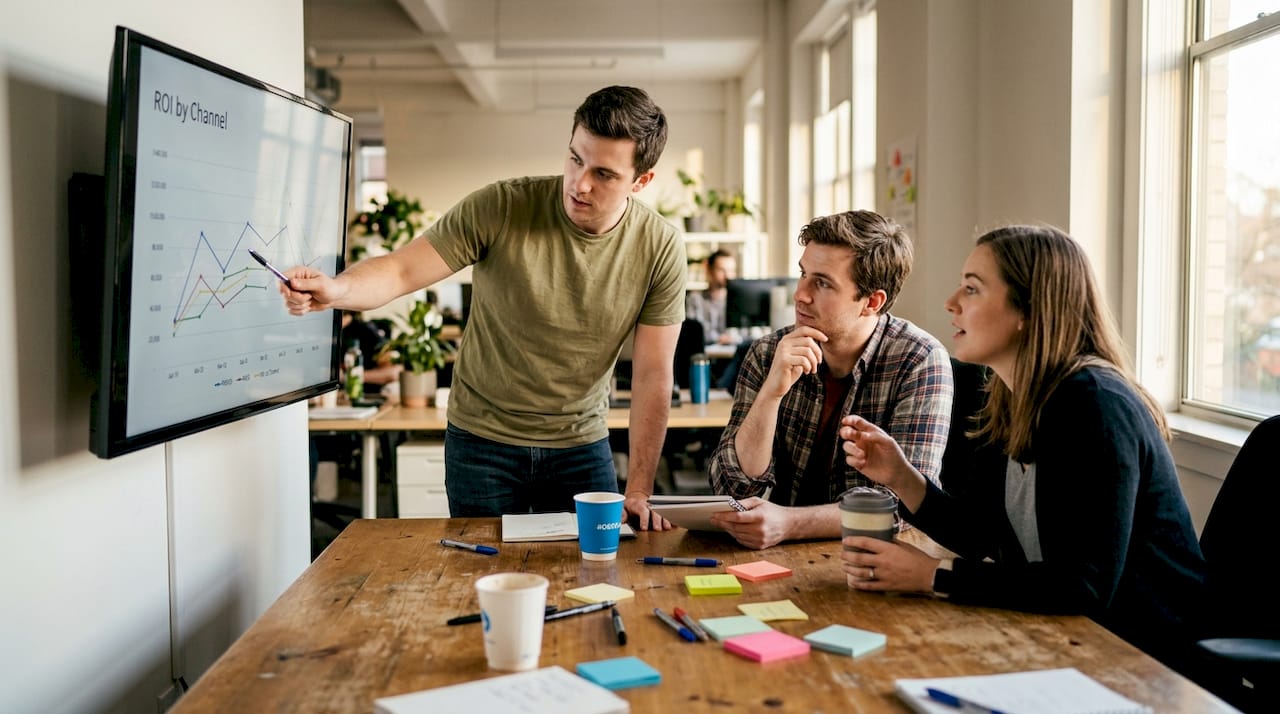 Marketing team reviewing ROI campaign results