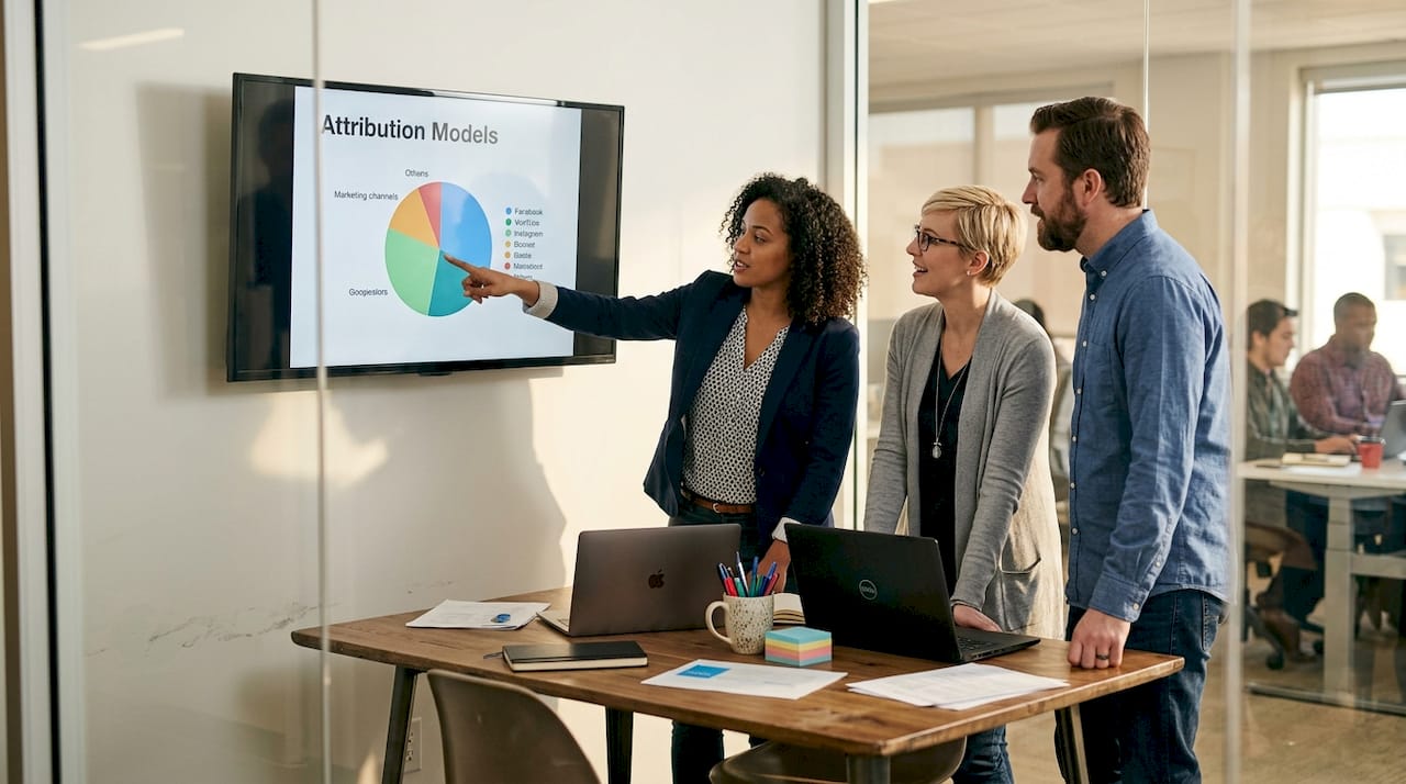 Team reviews attribution strategy in office meeting room