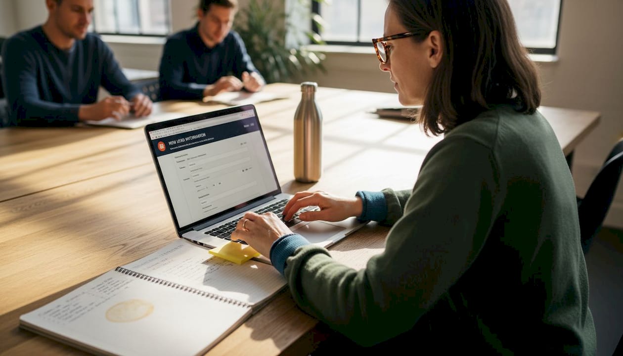 Operator updates CRM data, afternoon workspace