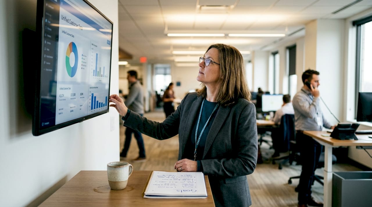 Marketing manager viewing unified customer data dashboard