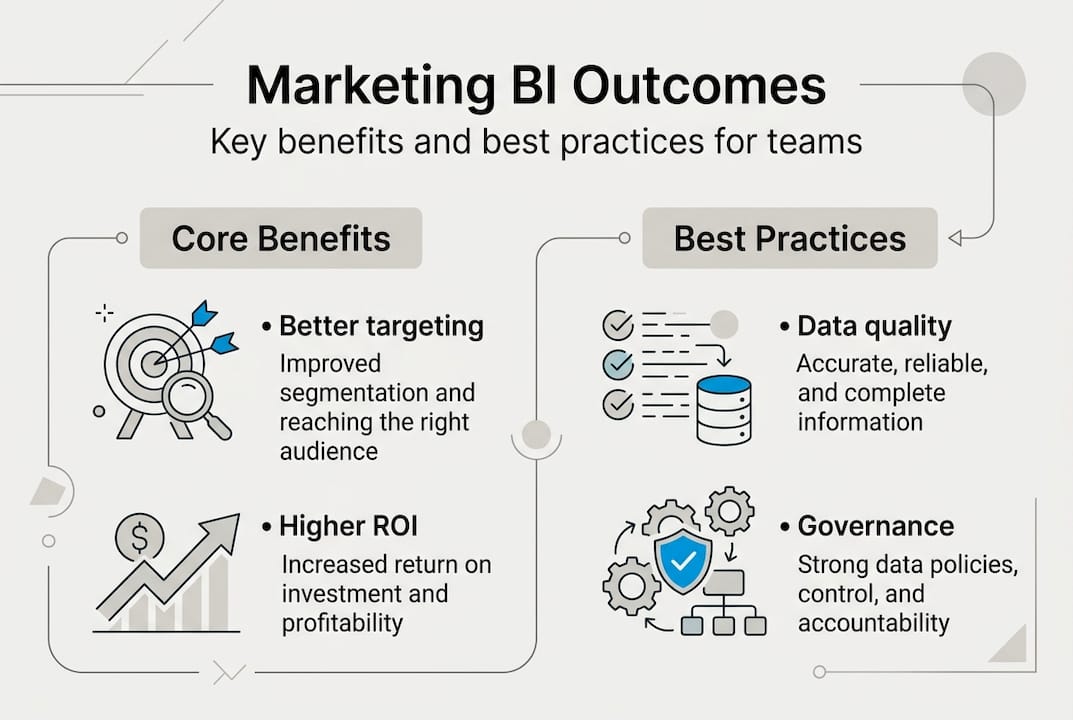 Infographic summarizing marketing BI benefits and best practices
