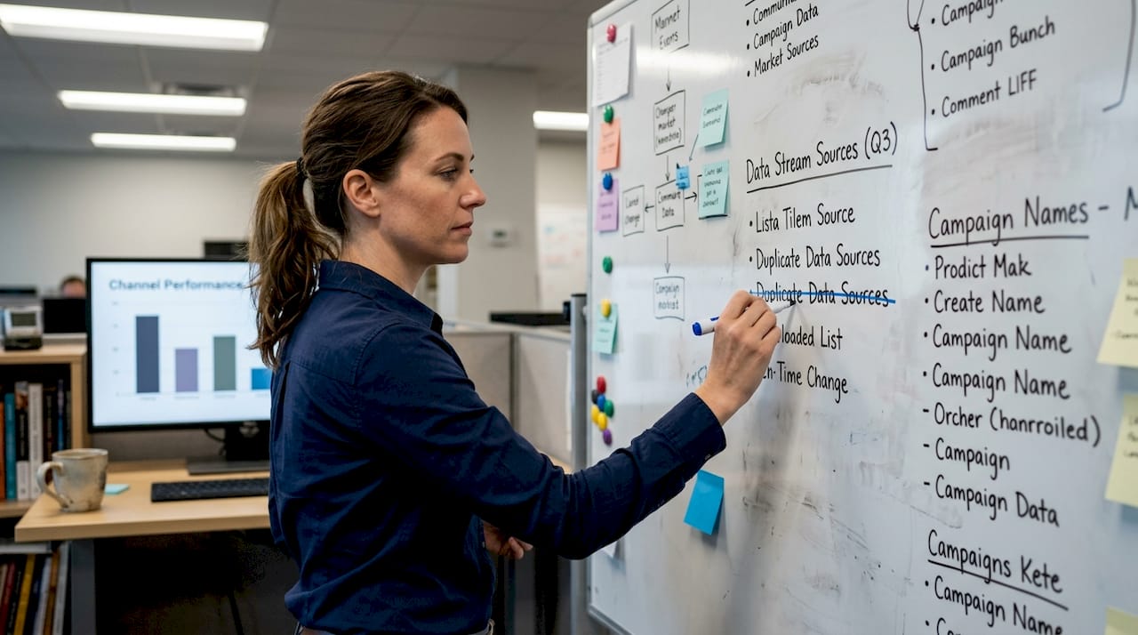 Marketer updating messy whiteboard of data sources