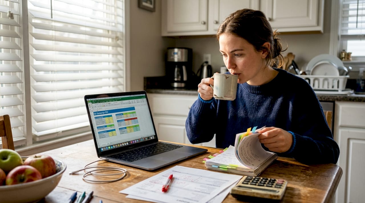 Marketer checking ROI data at kitchen table