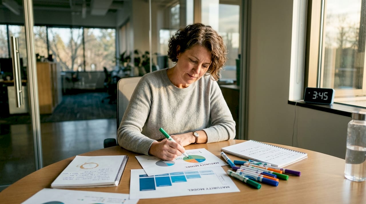 Manager reviewing printed data charts at table