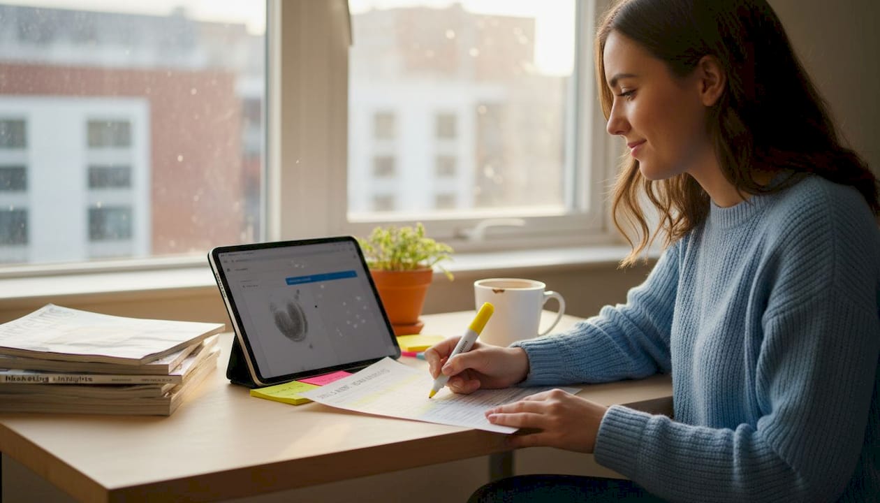 Marketer highlighting skills audit checklist at desk