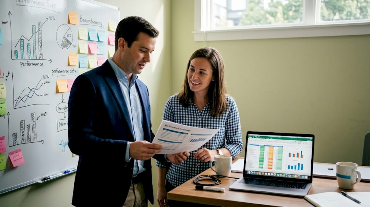 Marketing team reviews results in meeting area