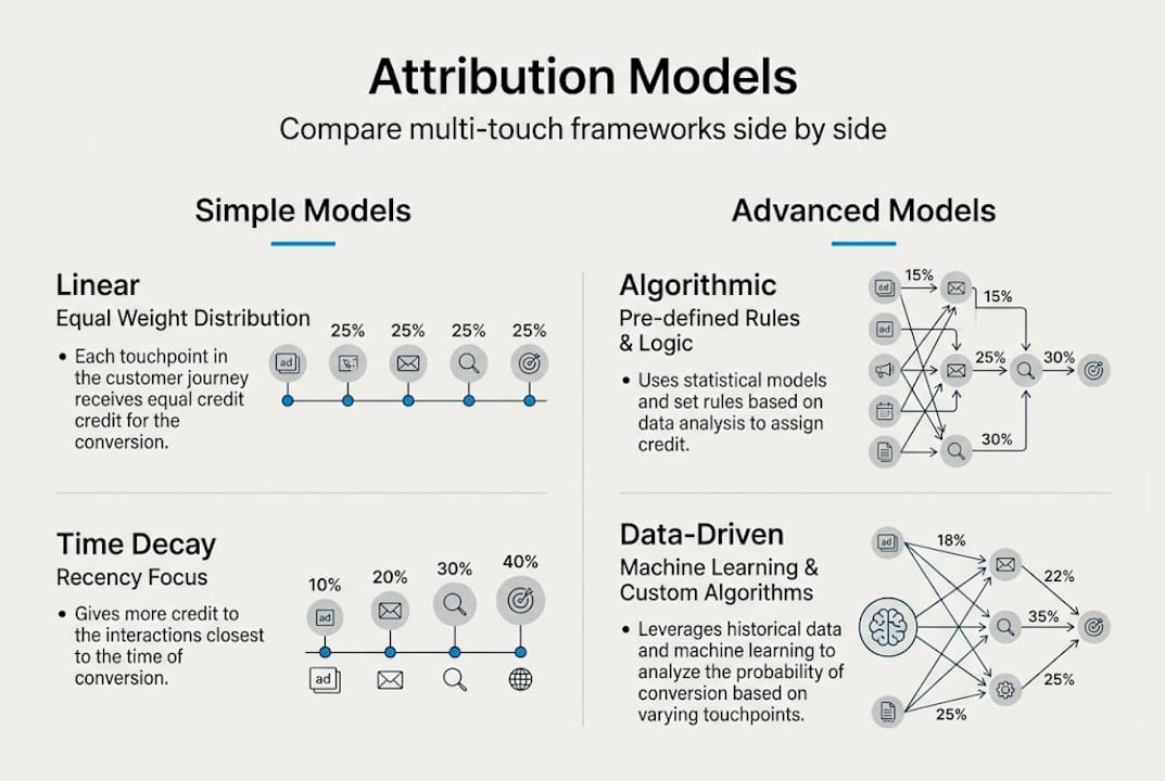 Infographic comparing attribution model types