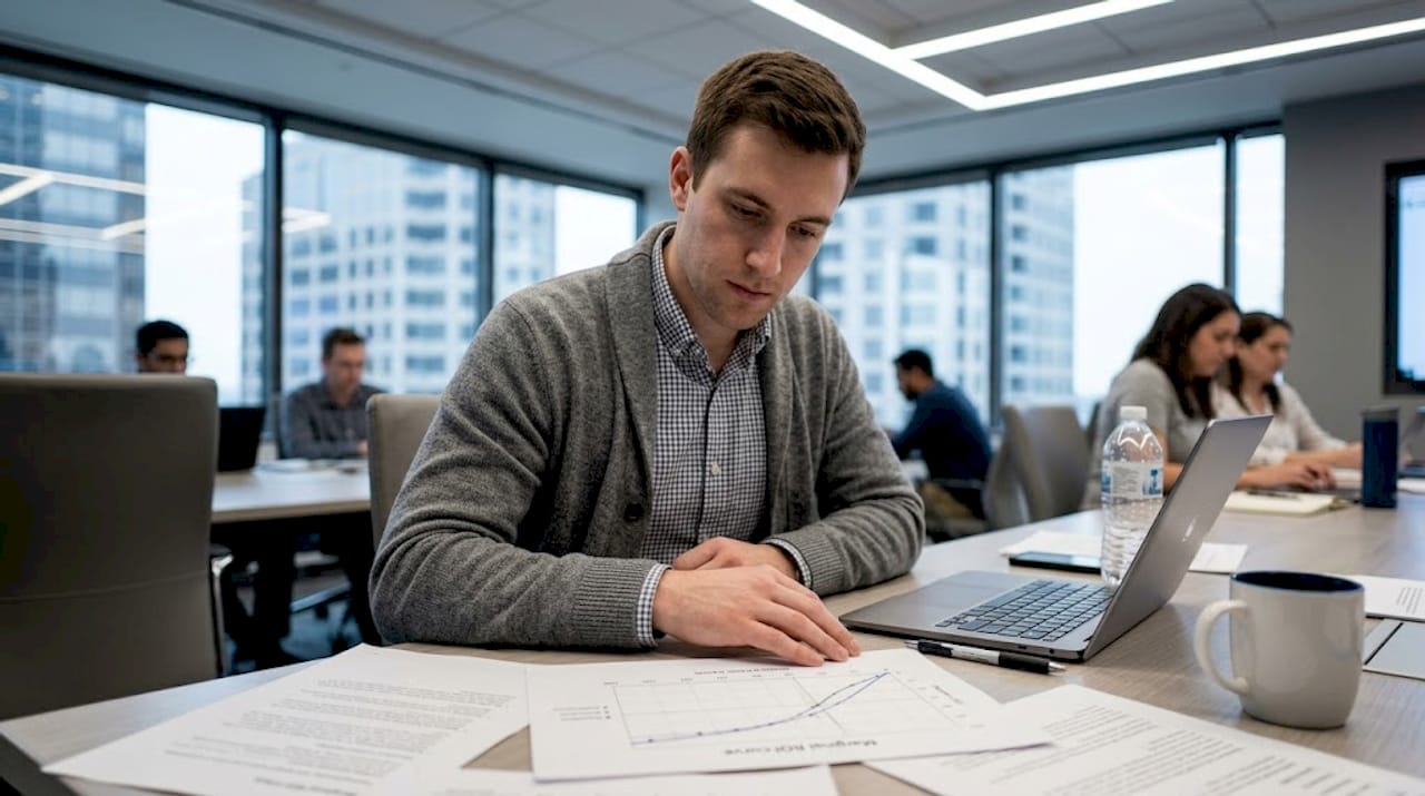 Analyst reviews ROI graphs in meeting room