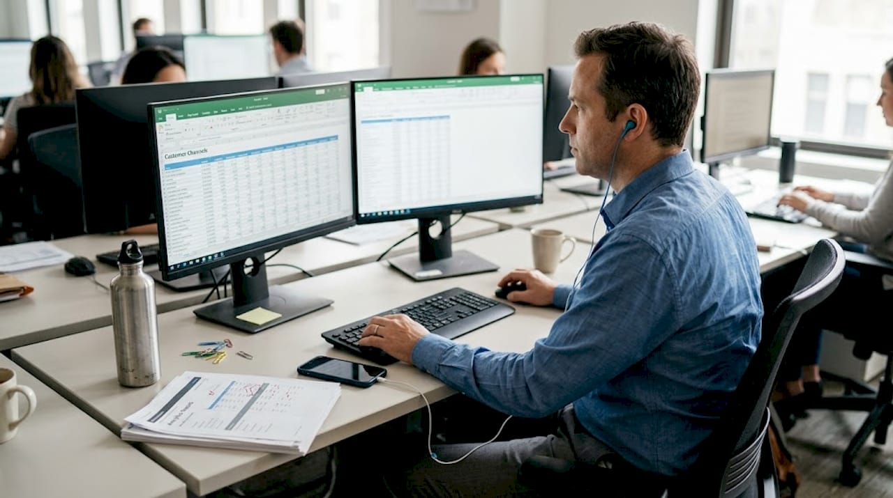 Marketing specialist reviewing customer channels