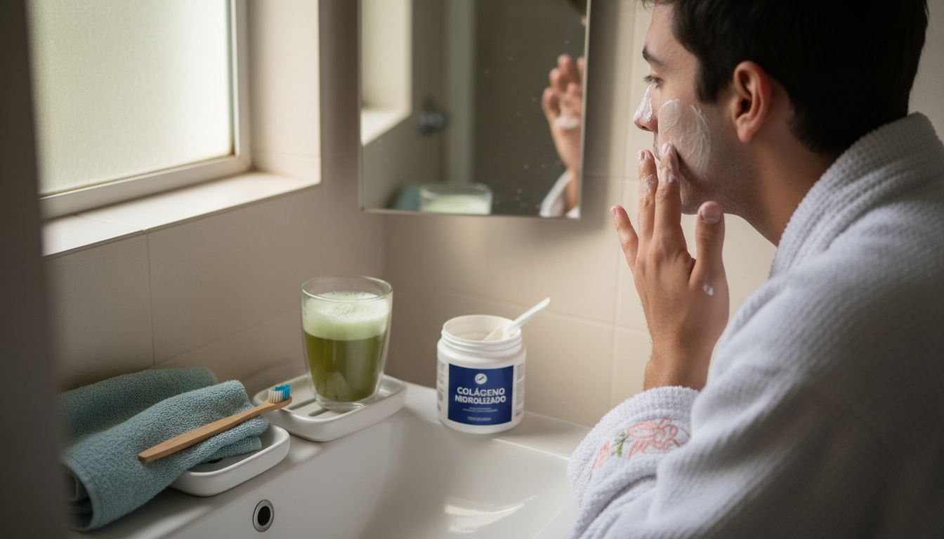 Chica joven disfrutando de un baño mientras aplica matcha y colágeno para cuidar su piel.