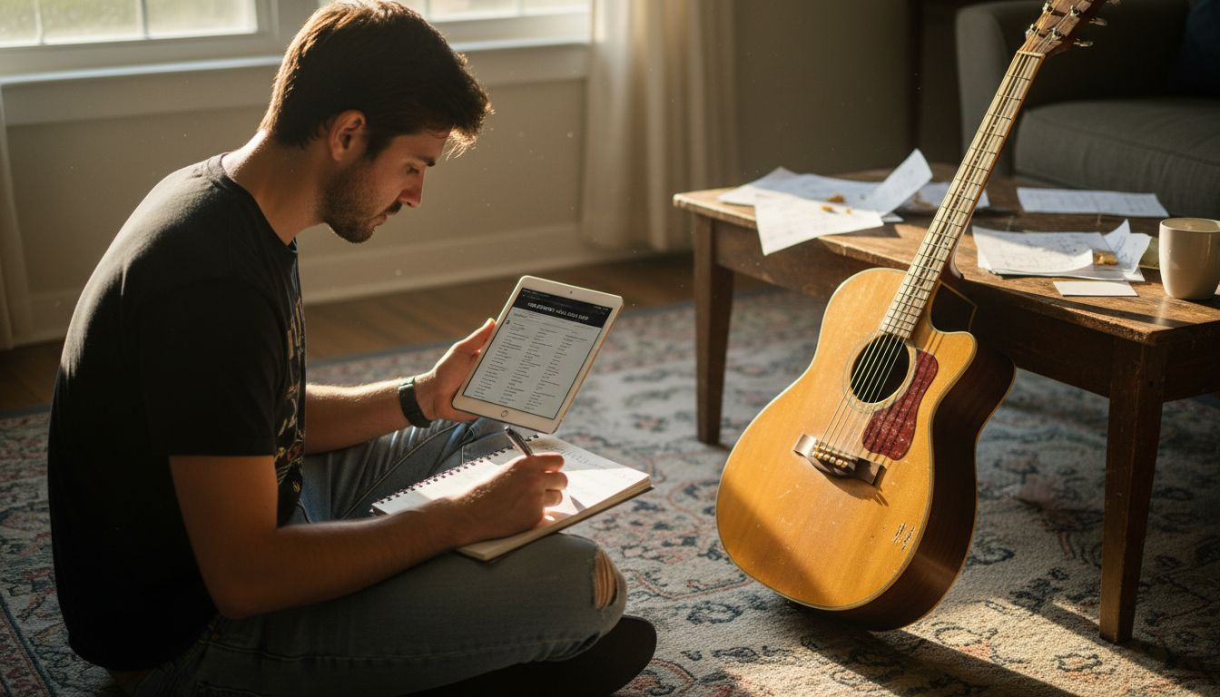 Musician reviewing tour dates and website content