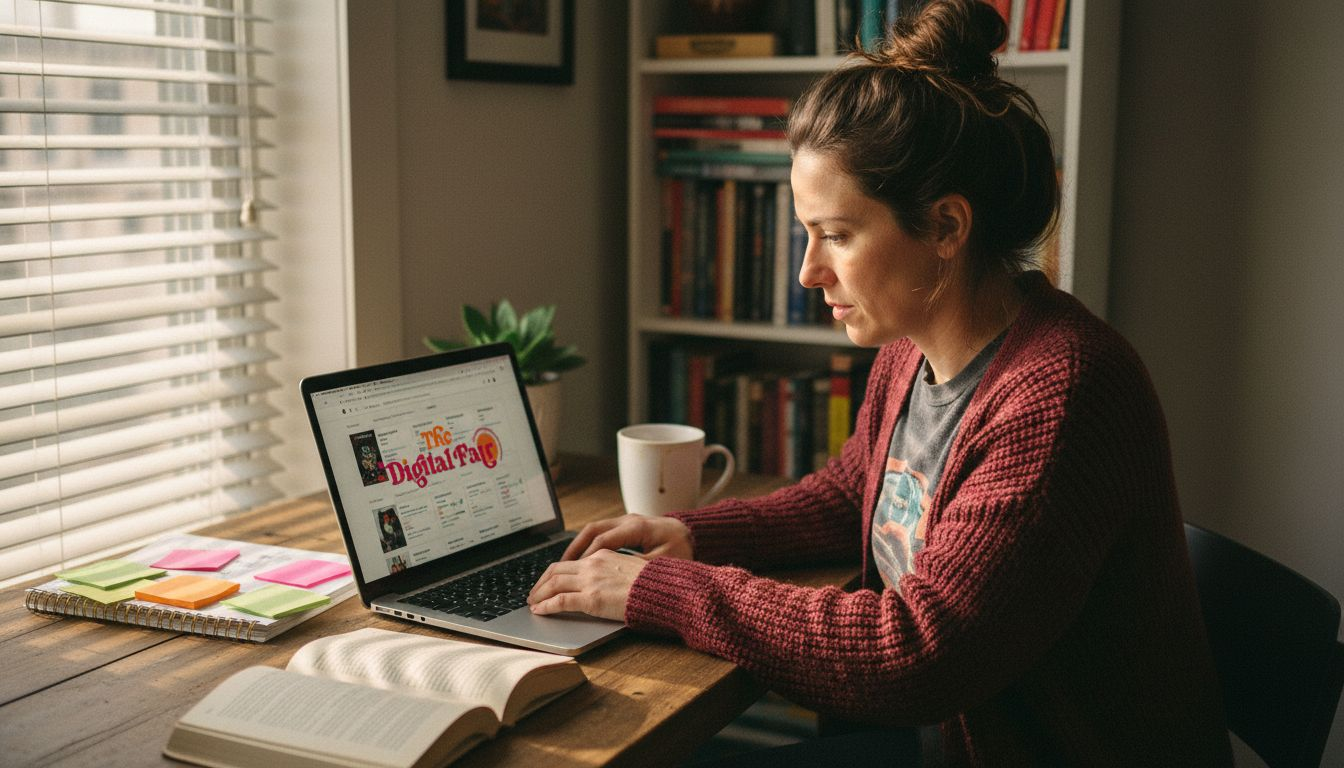 Author updating book website in apartment