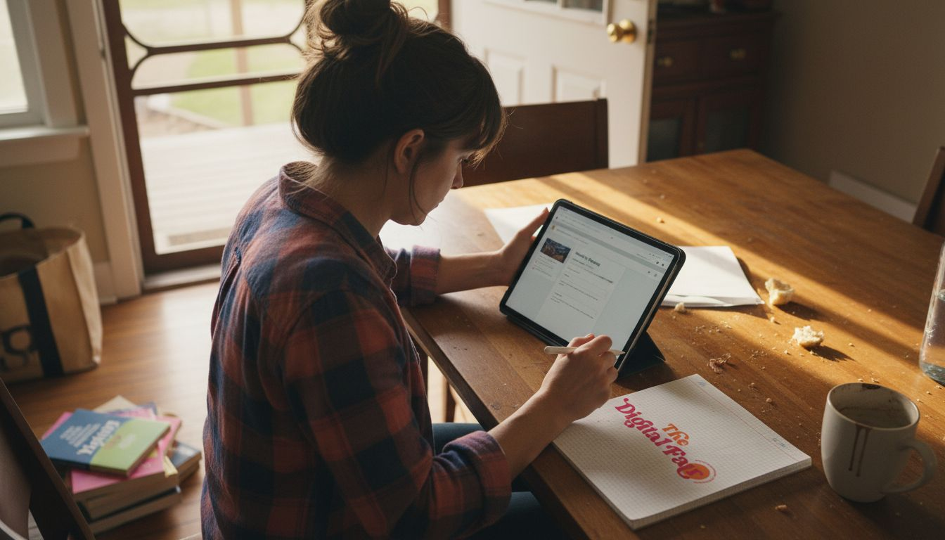 Independent author writing newsletter in home kitchen