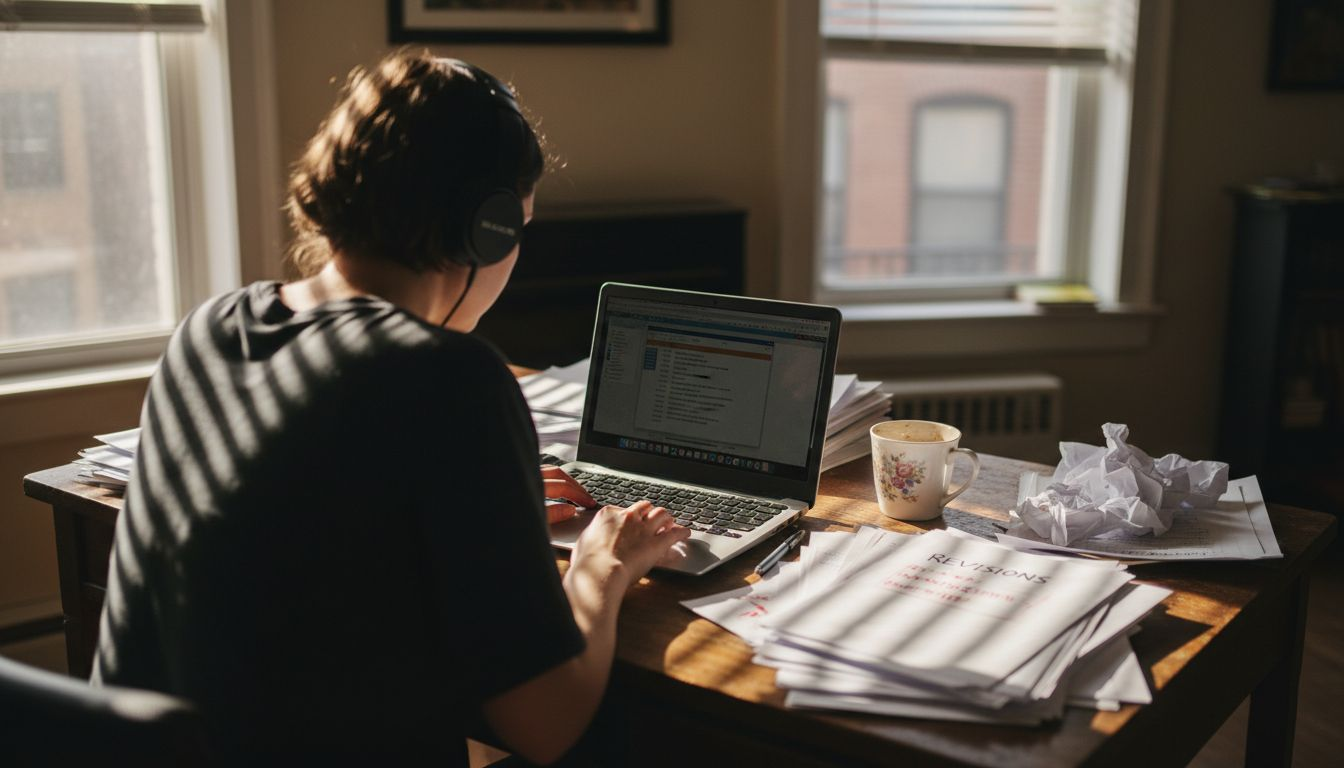 Writer proofreading manuscript formatting at cluttered desk