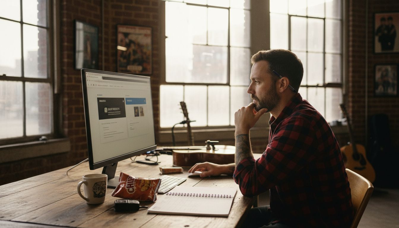 Musician reviews website builder options at studio desk