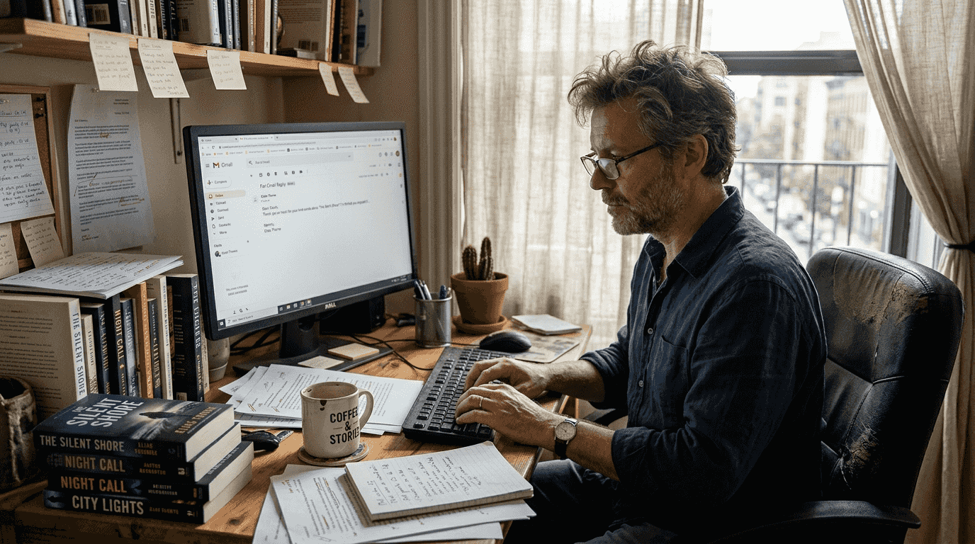 Author replying to fans at home desk